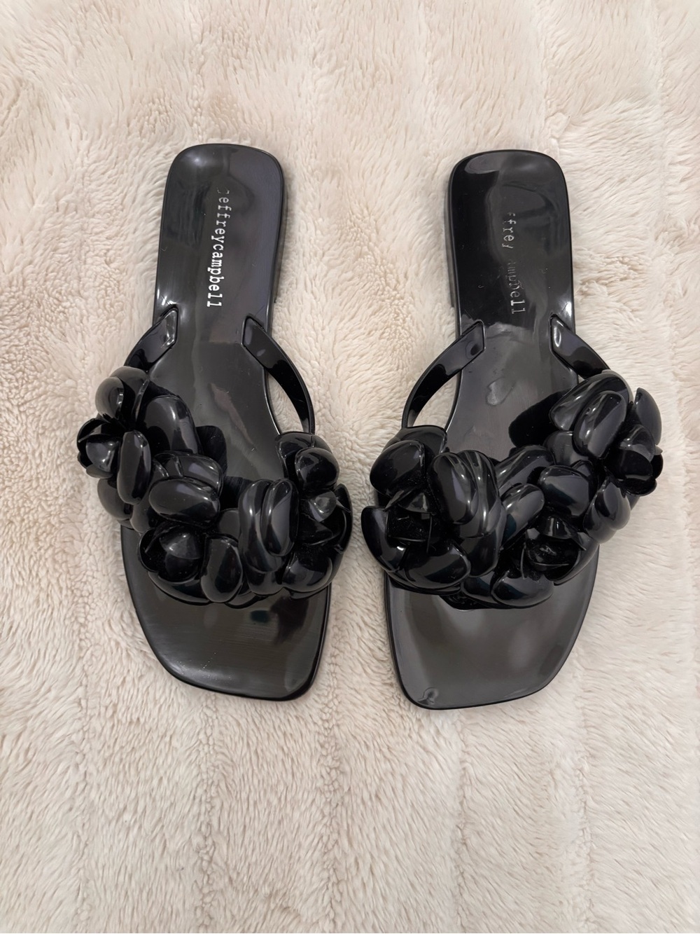 Jeffrey Campbell Glossy Black Floral-Embellished Jelly Slide Sandals